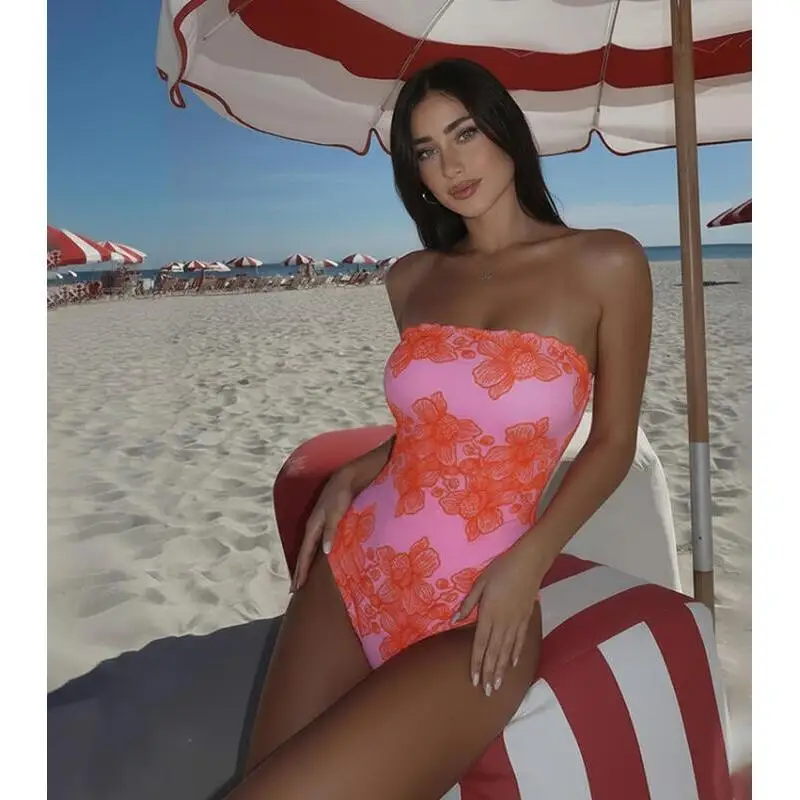 Flaxmaker 2026 Bandeau Pink Flower Print Swimsuit Sets Summer Sexy Off The Shoulder Printed Swimwear Biquini conjunto de
