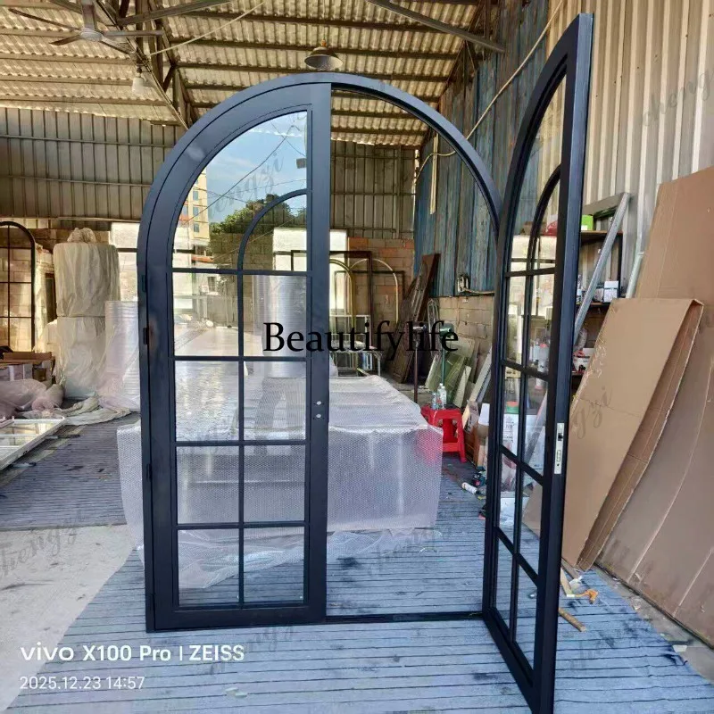 H134 French wrought iron door custom arched double bar glass partition paint folio door