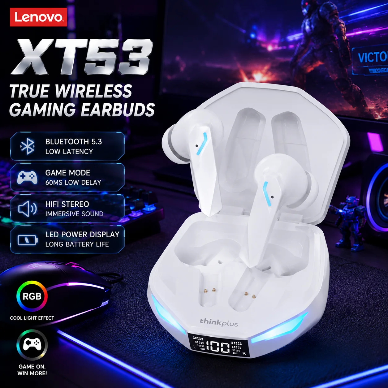 Lenovo XT53 Wireless Bluetooth 5.3 Earphones Gaming Low Latency Dual Mode Music Earbuds Sports In-Ear Headset With Mic New Gifts