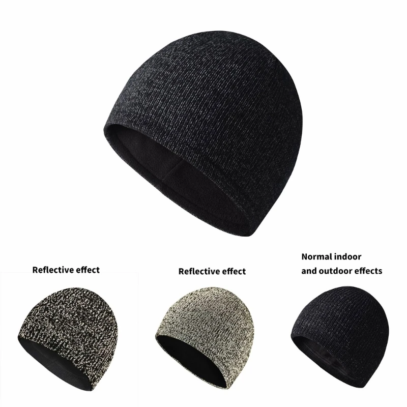 Warm Winter Double Layer Fleece Lined Reflective Knitted Hat for Safe Nighttime Walking Cycling All Age Skull Hat