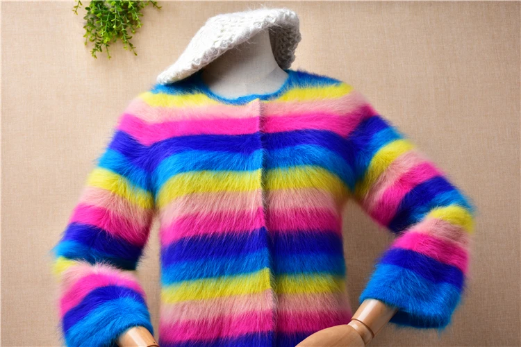 female women autumn winter clothing striped mink cashmere knitted three quarter sleeves slim cardigan angora fur coat sweater