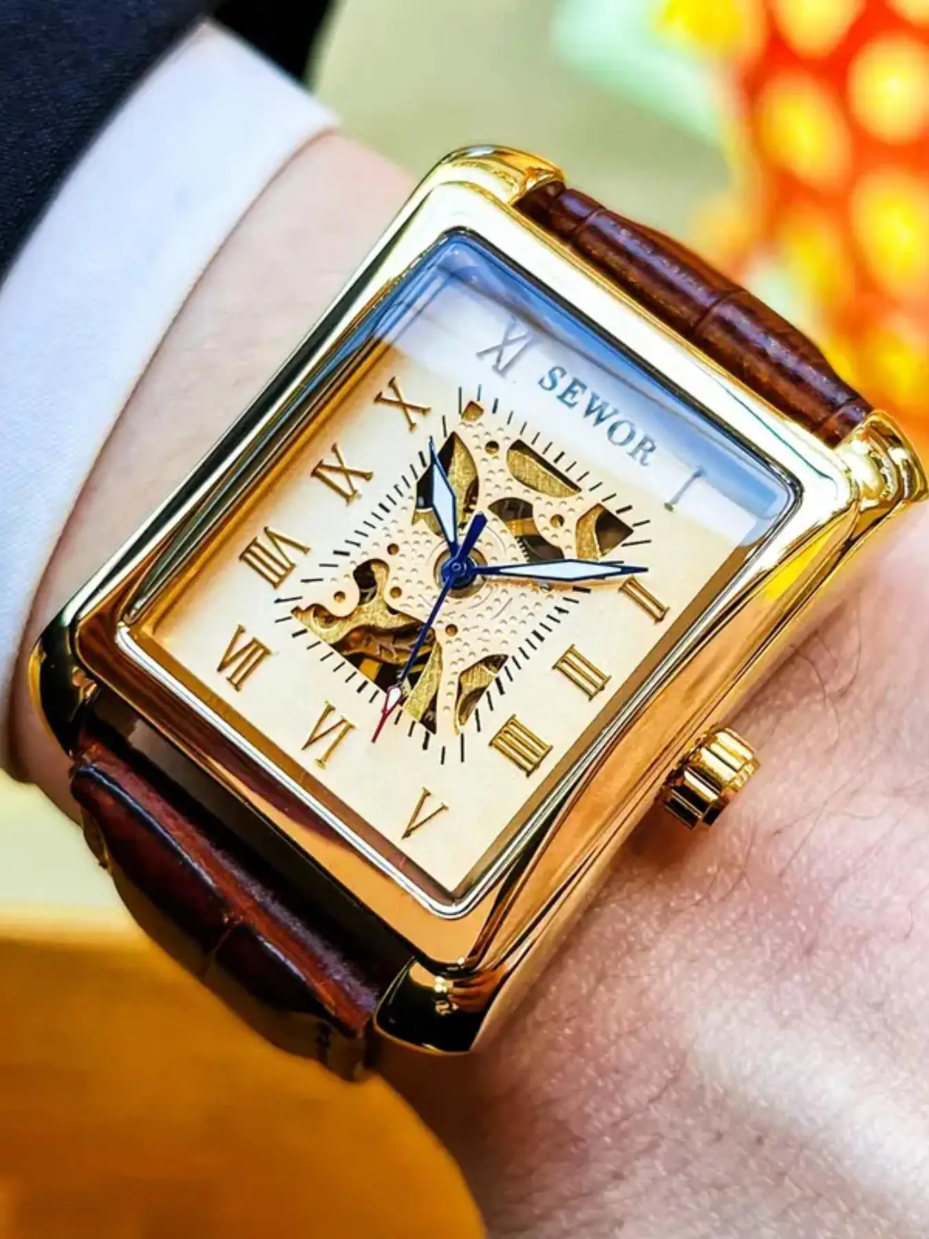 Men's Mechanical Watch, High-Quality Luxury Square Dual-Sided Cutout, Business Casual Style, Perfect Gift, Alloy Case, Mineral Glass