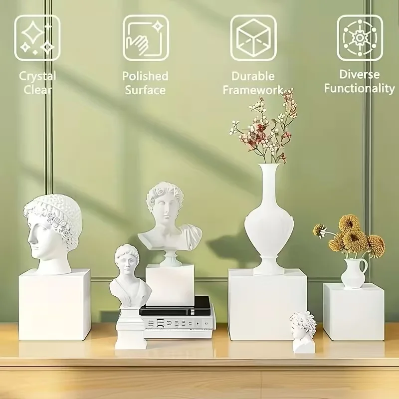 6-Piece Set 3-8 Inch White/Clear Acrylic Cube Display Bases - Buffet Stands, Home Decor Display Holders & Multifunctional Storag