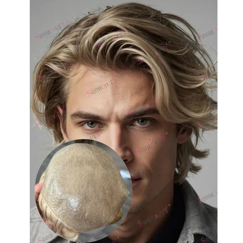 

Светло-русый, 30 мм, волна, 6 дюймов, длинные человеческие волосы, мужские парики, необнаружимая естественная линия волос, плотность 110-130, поликожа, основа, мужской парик