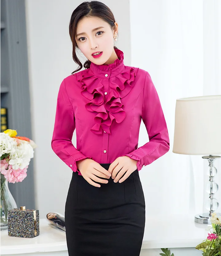 2025 primavera y otoño nueva versión coreana de las mujeres camisa de manga larga con cuello alto OL camisa básica ajustada profesional con volantes sh