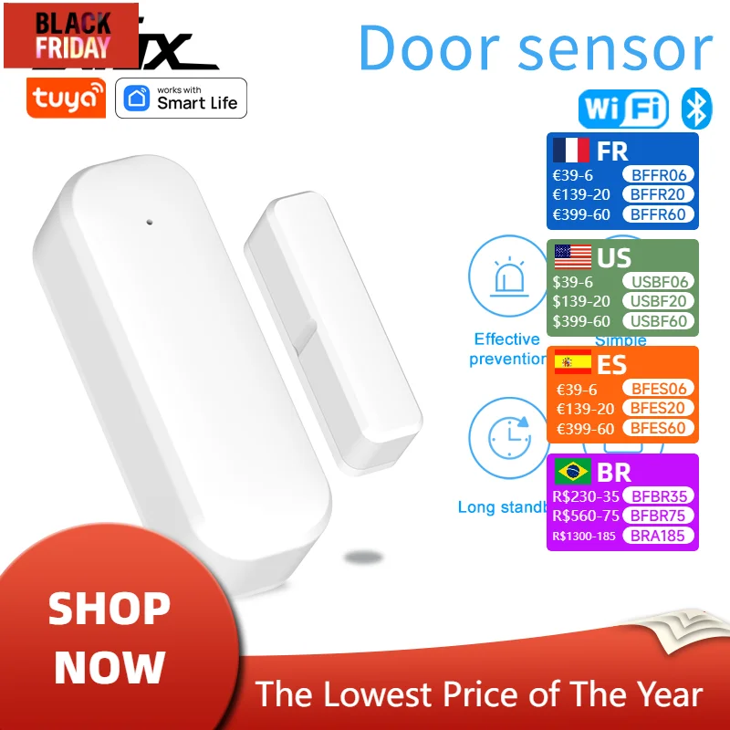 Tuya WiFi Bluetooth Smart Door Sensor Security Burglar Door Sensor Alarm Smart Home Scene Linkage Soporte Alexa Google Home