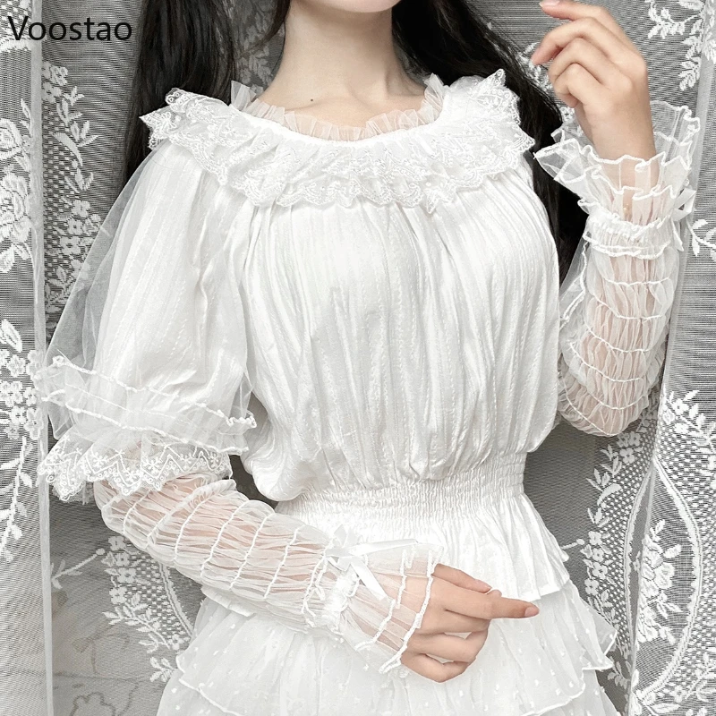 

Victorian Gothic Y2k Lolita Style Blouse Women Vintage Elegant Lace Ruffles Long Sleeve Shirt Japanese Slim Tops Blusas Mujer