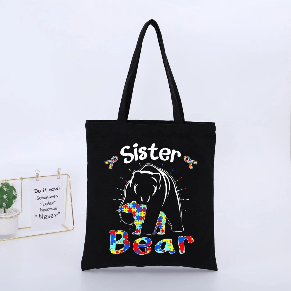 Bear and Puppy with Puzzle Pattern Canvas Tote Bag, Casual Style for Daily Shopping