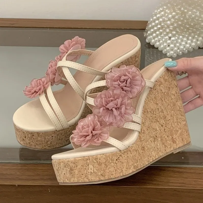Sandalias de Plataforma con Cuña para Mujer Aneikeh, Sandalias de Verano con Flores, Punta Abierta, Suela Gruesa de Corcho, Tacones Altos, Tallas 35-41