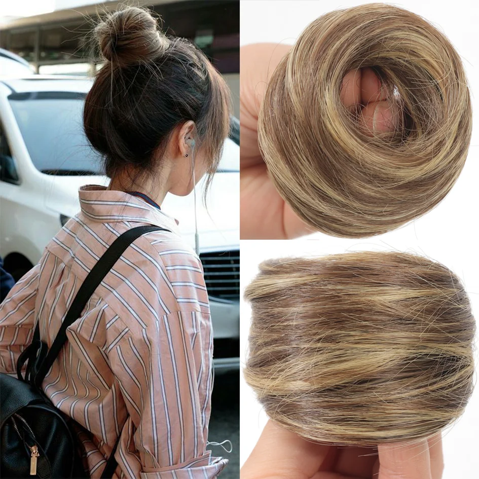 Allaosify synthetic bun female synthetic fiber straight hair circle elastic rope, natural hair color dark light hair accessories