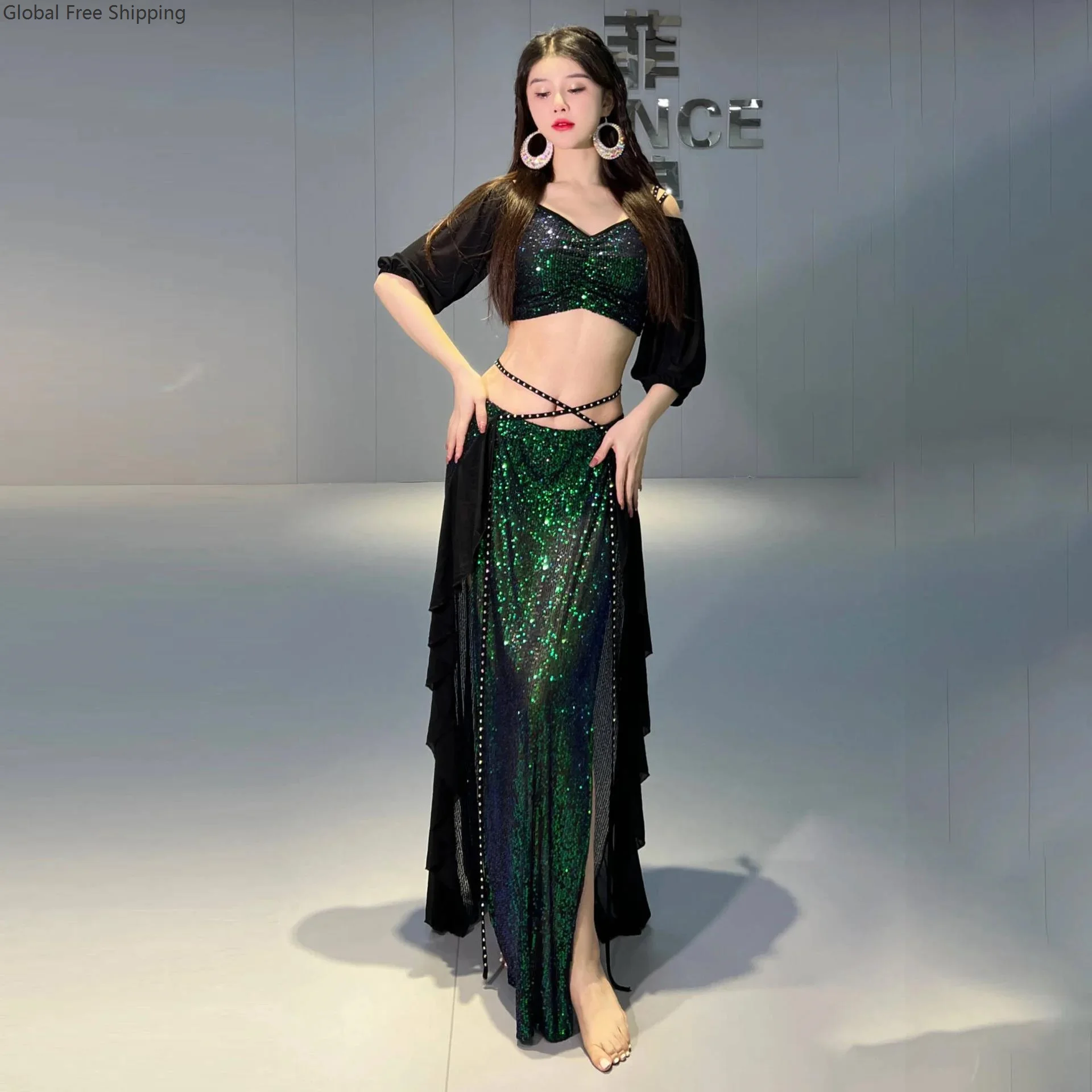 

Belly Dance Costume Set Top Skirt Set Adult Women's Stage Performance Personal Practice Clothes Mermaid Mesh Training Dress 2025