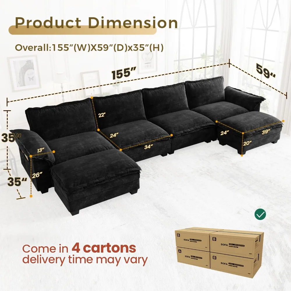 

U-Shaped Modular Sectional Sofa, 6 Seater Cloud Couch with Ottoman, Chenille Sectional Couches for Living Room, Customized
