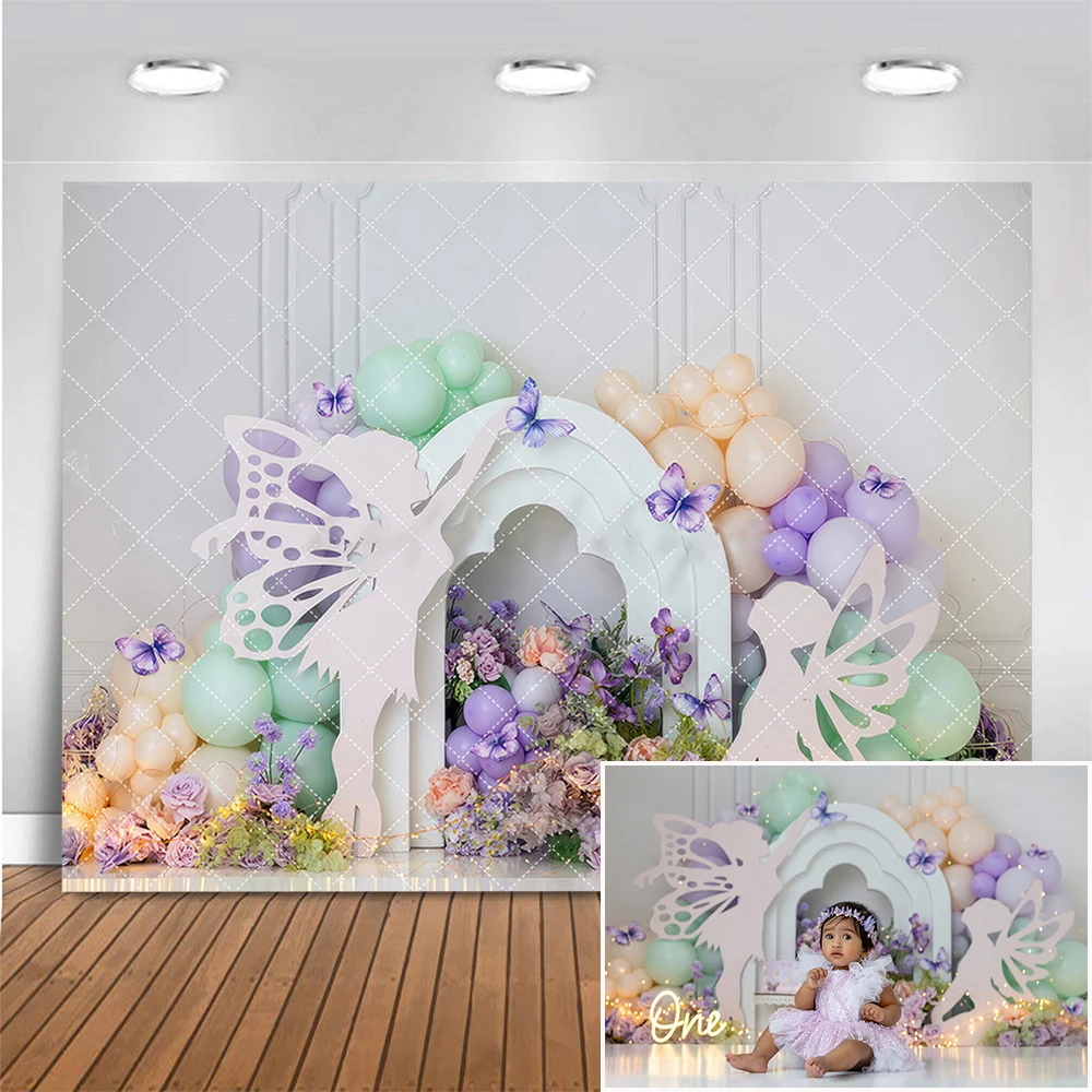 

Pastel Fairy Butterfly Photography Backdrops Girl Birthday Cake Smash Photo Background Purple Balloon Flowers Photo Studio Props