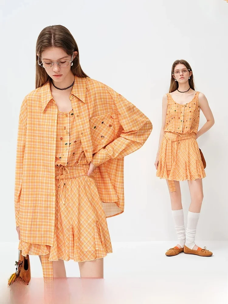 

Vivien Chen Long Sleeve Shirt And Halter Skirt Set Women's Loose Fit Plaid Print Spring 2026 Fashion Three Piece Suit
