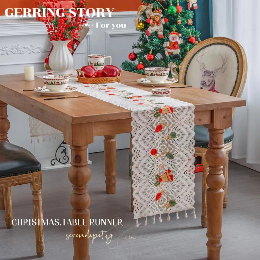 

Gerring Christmas Table Decoration White Lace Table Runner Embroidered TV Cabinet Tablecloth Fringe Cover Cloth Country Deco