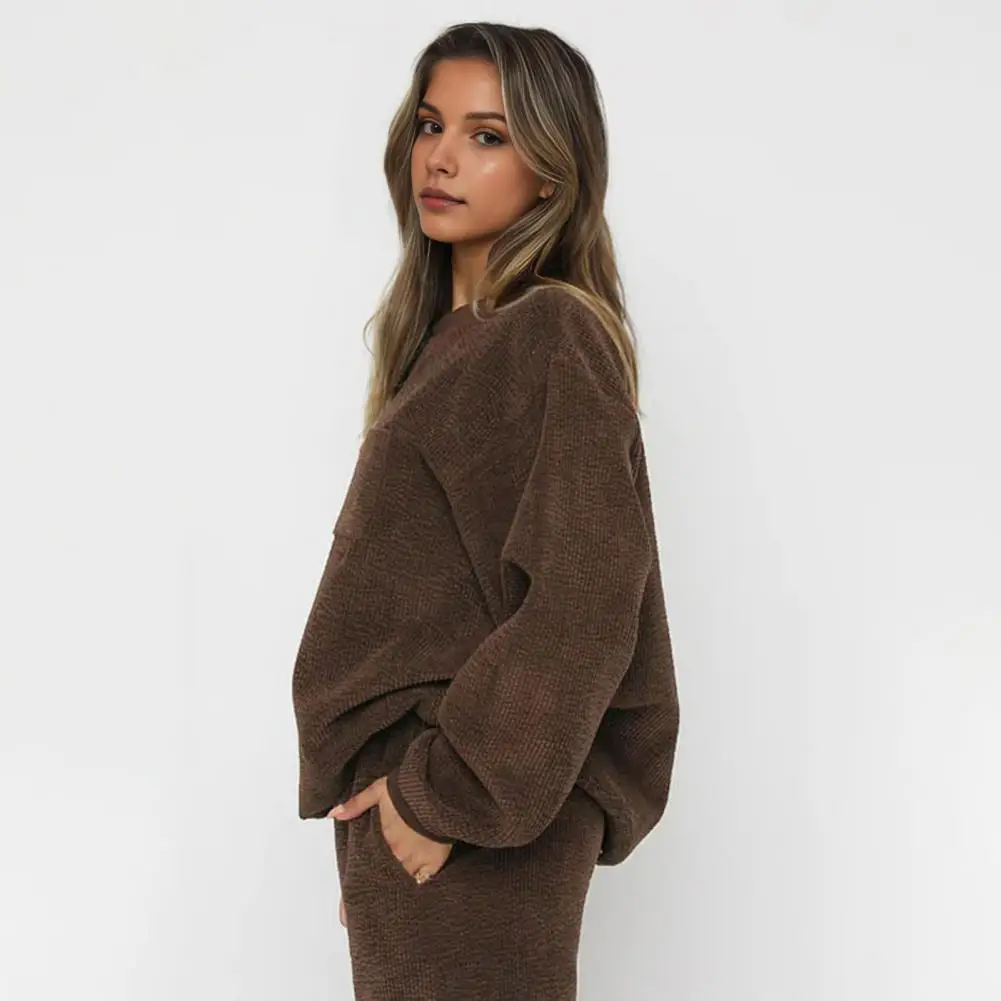 Casual Two-piece Suit Women's Round Neck Sweatshirt High Waist Trousers Set for Sport Fitness Long Sleeve Elastic Cuff Top