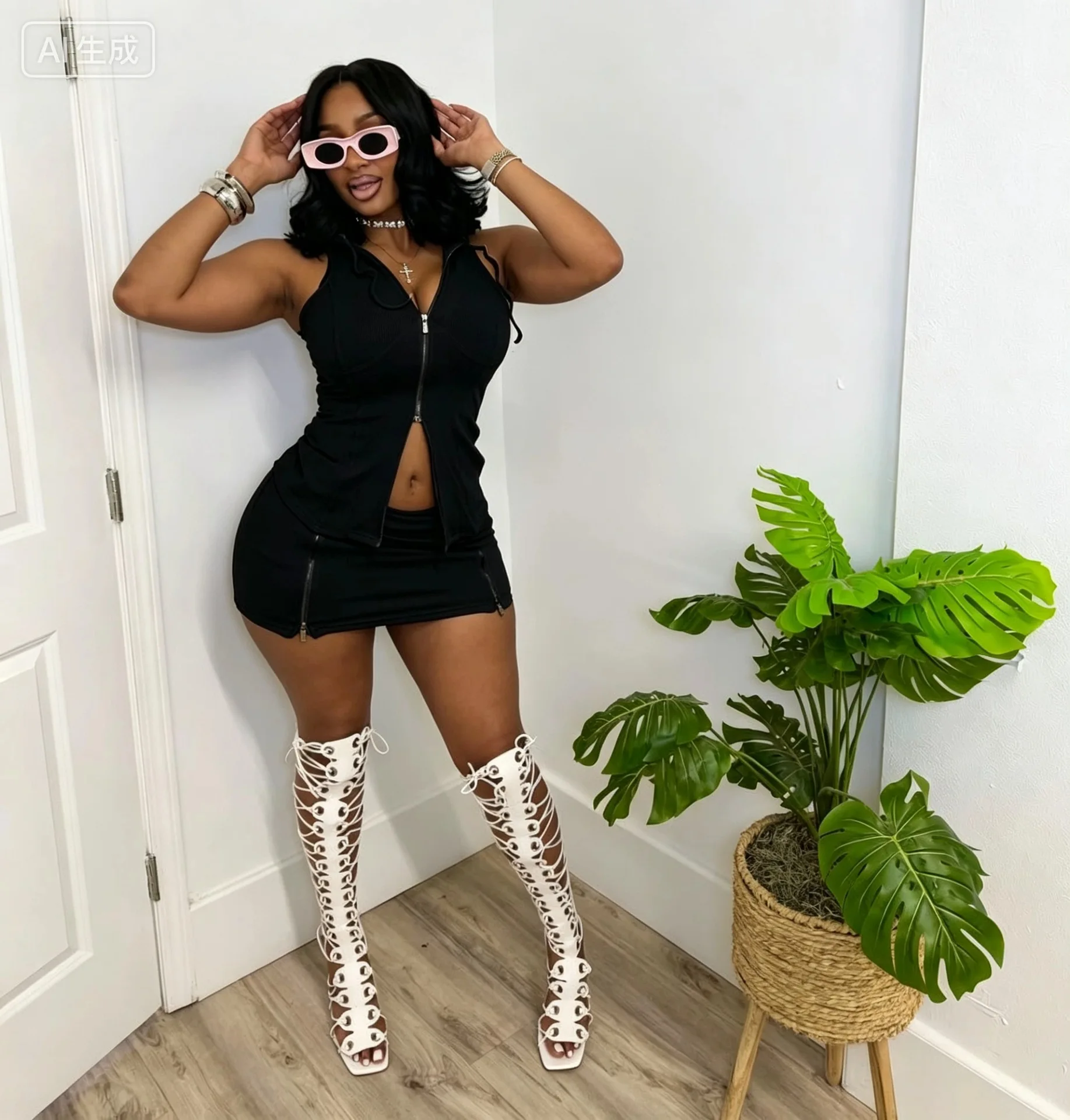 

STYLISH LADY Women 2 Piece Outfit Hooded Zip Up Crop Top and Mini Skirt Set 2026 Summer Ribbed Casual Streetwear