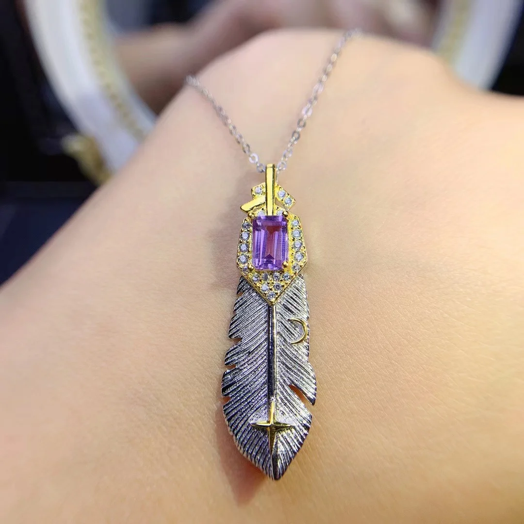 

New Feather Square Amethyst Pendant 925 Sterling Silver Jewelry All Pure Gemstone