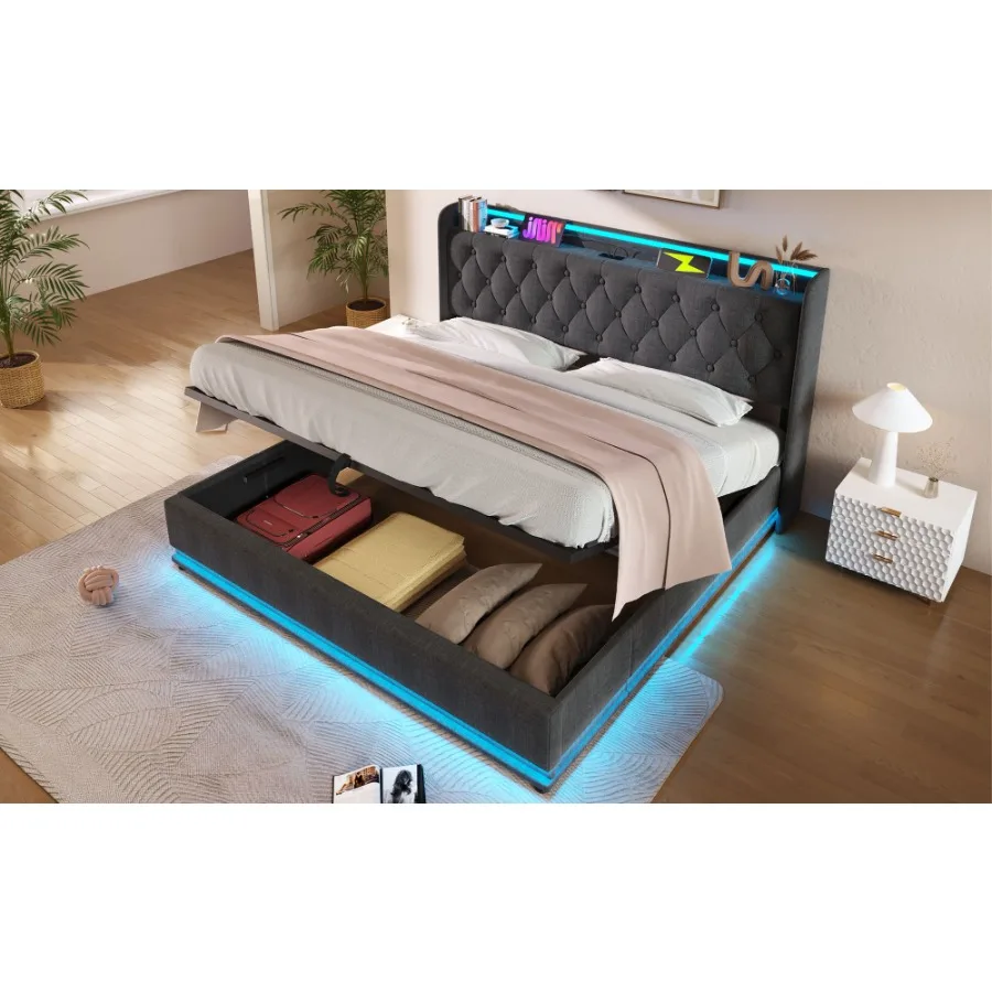 King size Upholstered bed 360 surround LED function Buttons/Apps/Remote Control hydraulic storage bed with USB Type-C charging