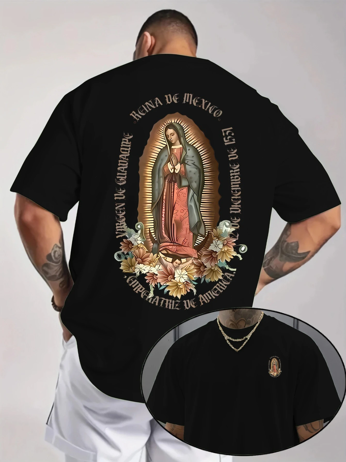 2026 New Men Women Virgin Guadalupe Floral Double Sided Graphic T-Shirt Unisex Cotton Loose Religious Tee