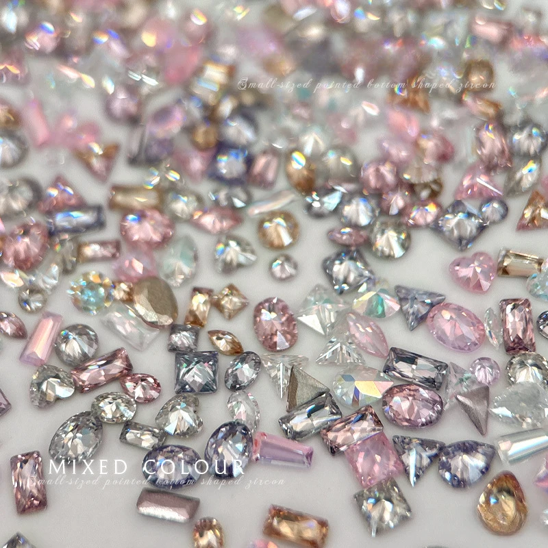 50pcs Mini Size Flat Bottom Nail Zircon Super Sparkling Multiple Shapes Micro Zirconium Mixed Color Diamond Charms Decoration