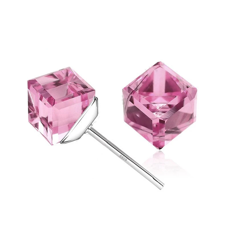 S925 silver pin Stud earrings for women girls 8 colors options austrian cz crystal square ear design jewelry