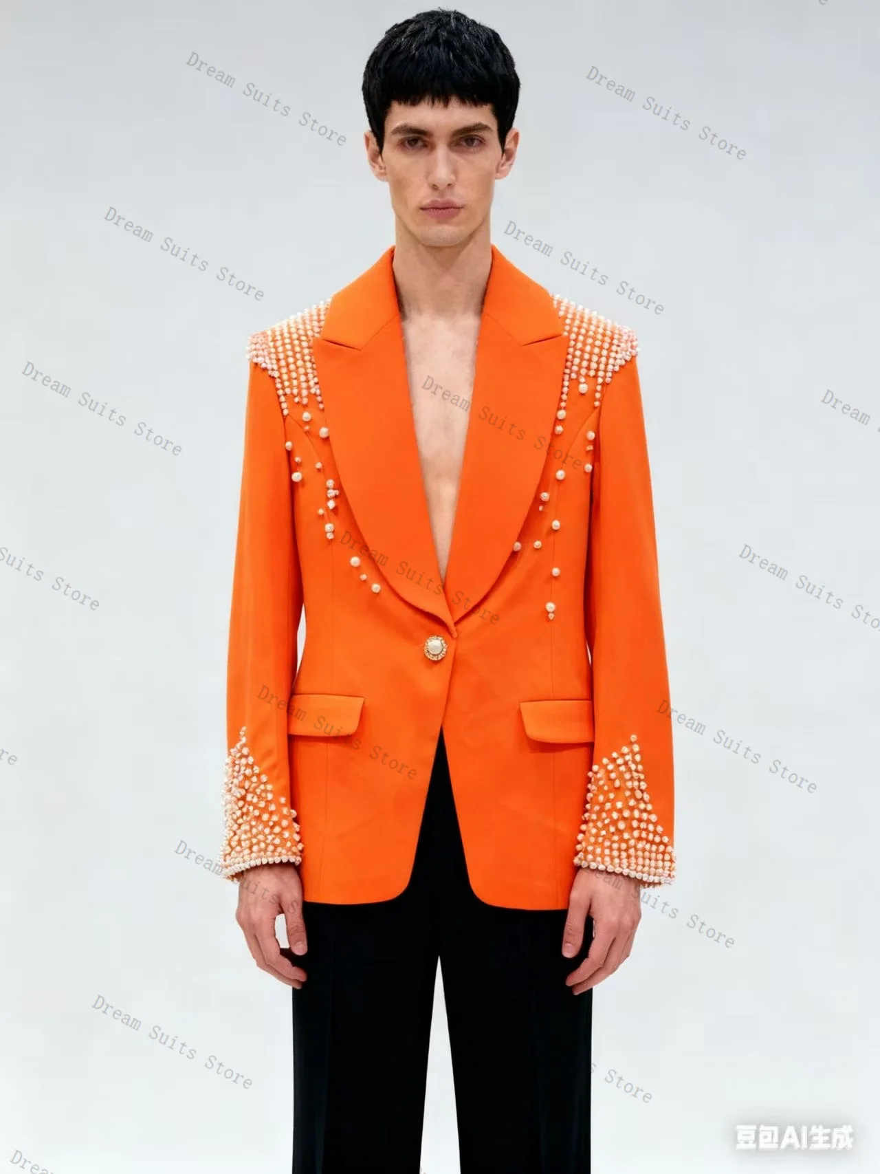 

Orange Men Suit Set 2 Piece Pearls Blazer+Black Pants Trousers Cotton Customized Formal Office Jacket Wedding Tuxedos Coat