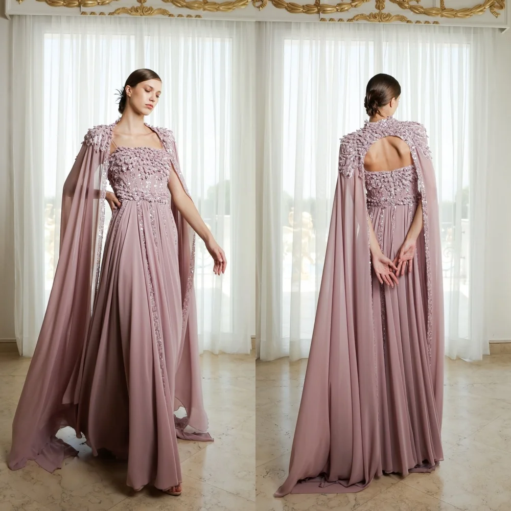 

Customized Exquisite Square A-line Floor Length Dresses Applique Rhinestone Chiffon Customized