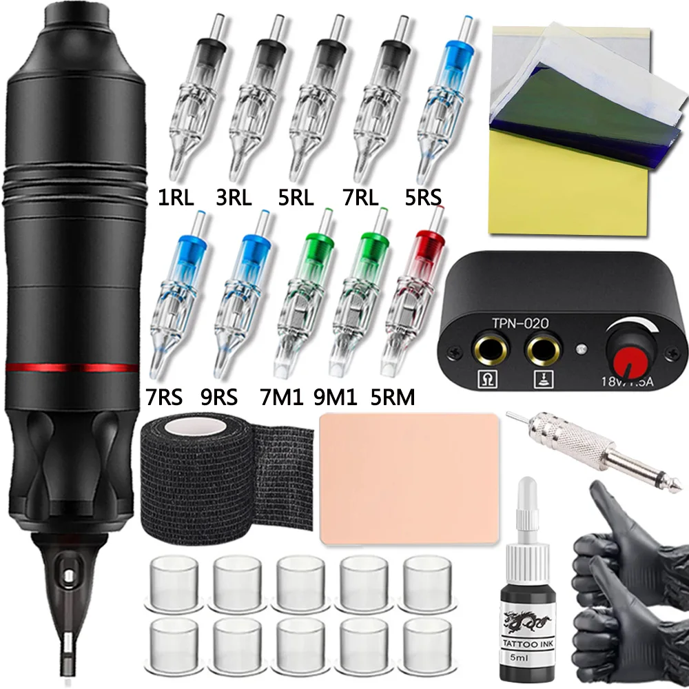 

Complete Tattoo Kits Rotary Tattoo Machine Pen with Power Supply Mix size Cartridge Tattoo Needles Set Tattoo Pen Kit Supplies