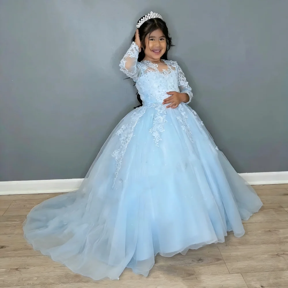 

Детское белое вечернее платье 2026Sleeve Performance Host Birthday Kids с длинным шлейфом, тюлевое, для выступлений на сцене, для конкурсов красоты, костюм