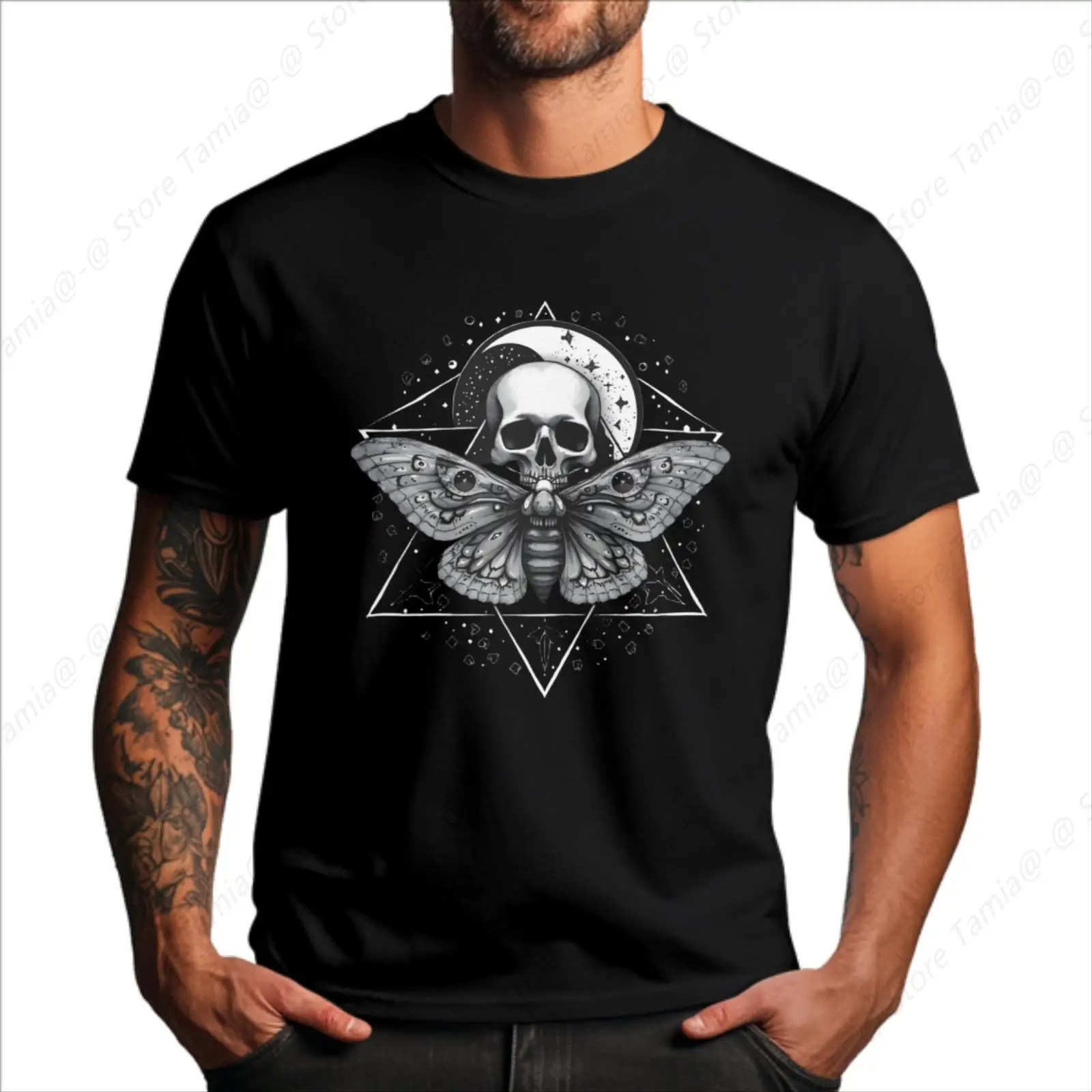 

Skull Moth Geometric Pattern Men's Crew Sleeve T - Shirt with Chest Heat Transfer Printing Comfortable Wear