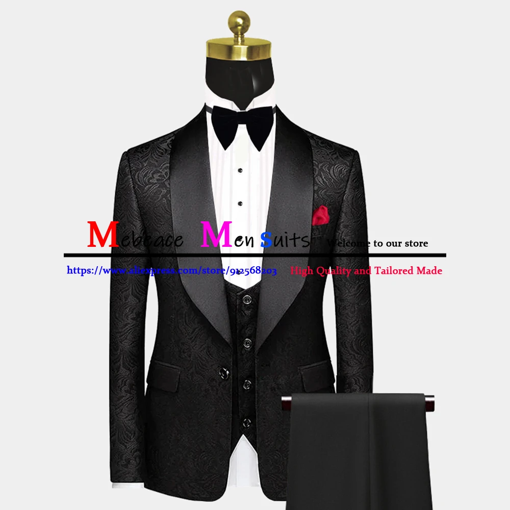 Terno masculino slim fit clássico preto jacquard terno de casamento para homens traje homme 3 peças noivo festa de casamento smoking personalizado