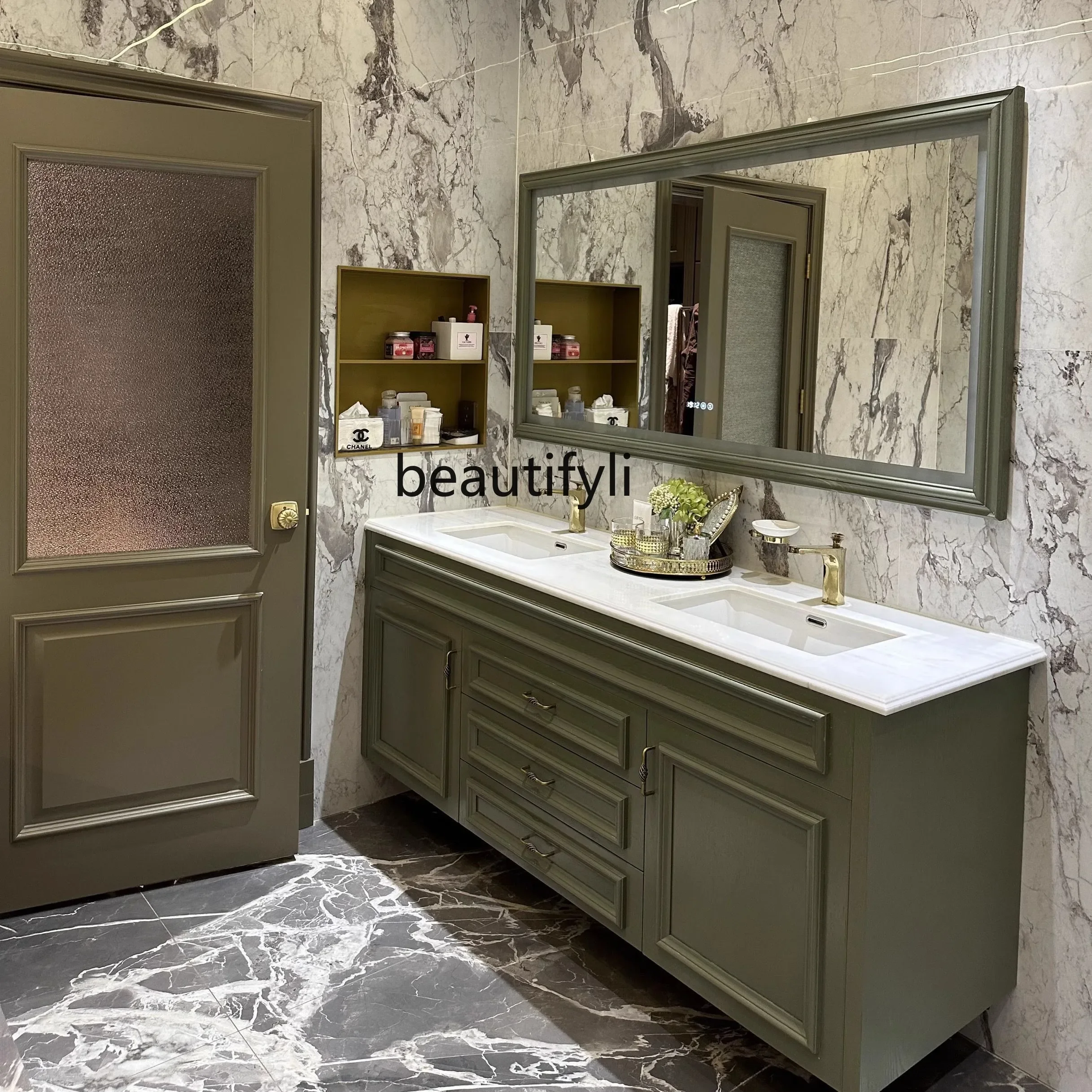 American Light Luxury Stone Plate Bathroom Cabinet Wall Cupboard Combination Modern Green Bathroom Cabinet Bathroom Washstand