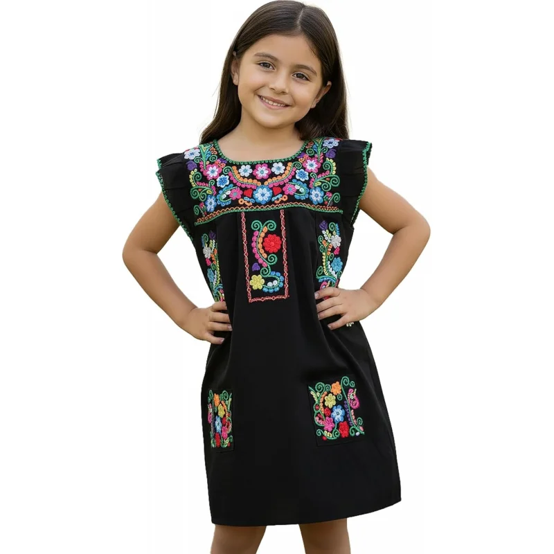 

Girl Mexican Embroidered Dress Traditional Floral Short Sleeve