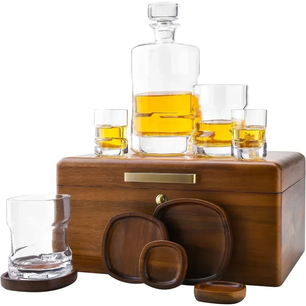 

Whiskey Decanter Set with Acacia Wood Storage Box, Whiskey Glasses, Shot Glasses, and Wooden Drink Coasters,Valentine's Day Gift