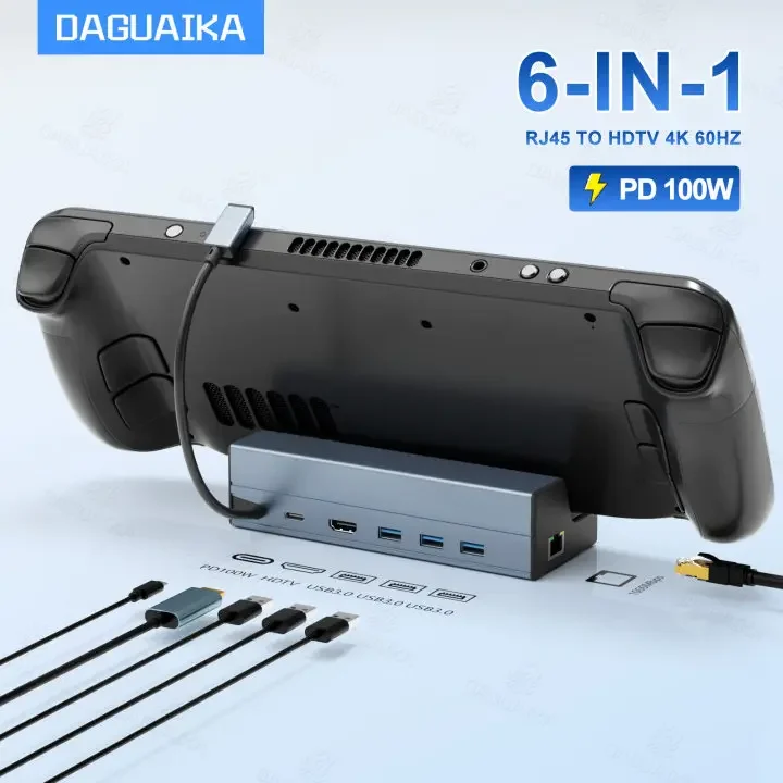 Steam Deck Dock 6 in 1 Steam Deck/Rog Ally 2023 Docking Station Stand  3*USB 3.0 HDTV 4K@60Hz Gigabit Ethernet PD 100W Hub