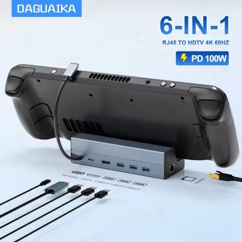 Steam Deck Dock 6 in 1 Steam Deck Rog Ally Docking Station Stand 3*USB 3.0 HDTV 4K@60Hz Gigabit Ethernet PD 100W Hub