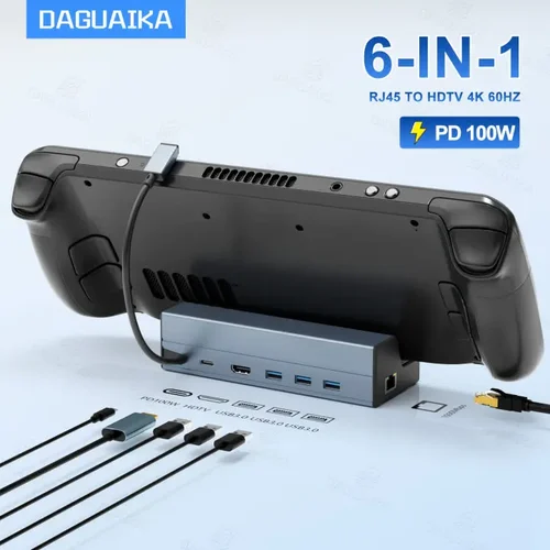 Steam Deck Dock 6 en 1 Steam Deck Rog Ally Docking Station Soporte 3 * USB 3.0 HDTV 4K @ 60Hz Gigabit Ethernet PD 100W Hub