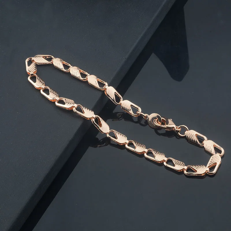 4mm Men Necklace Women Bracelet 585 Rose Gold Color Curb Carving Chains Set Jewelry