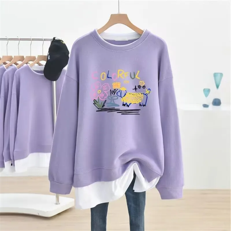 DAYIFUN-Plus Size Hoodies für Frauen Gefälschtes zweiteiliges Design bedruckt Pullover Sweatshirts Mode O Hals Top Frühling Herbst Neu 2024