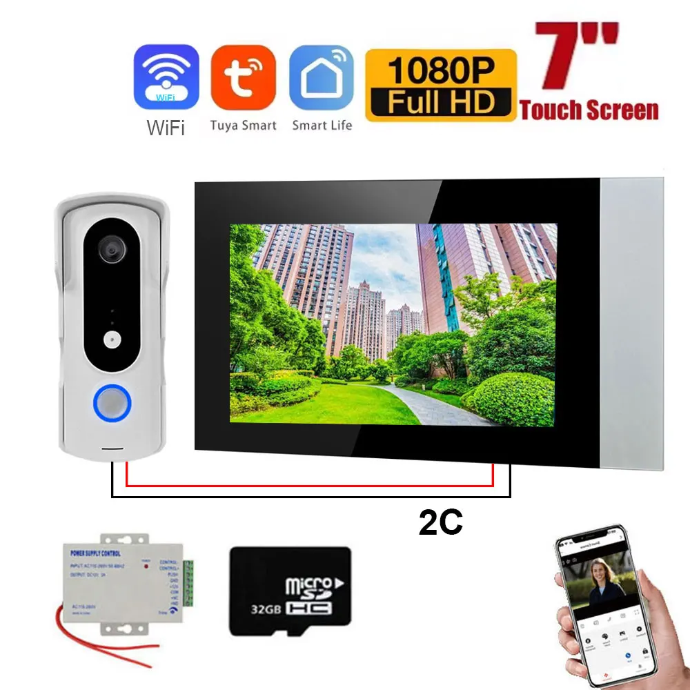 2 Wire Smart Home Tuya Wifi 1080P Video Intercom Video Door Phone 7'' Color Touch Screen Camera Doorbell Door Security System