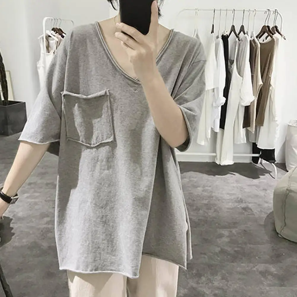 Women T-shirt Stylish Summer V-neck Tee Shirt with Patch Pocket Side Split Hem for Women Loose Fit Stretchy Pullover Top Solid