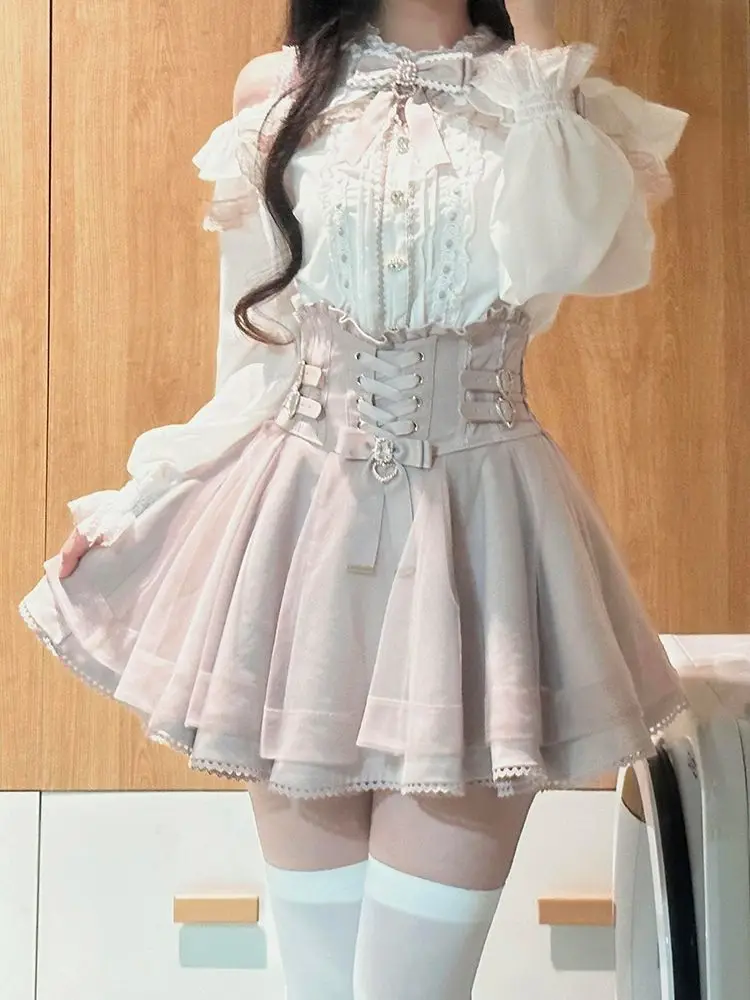 NONSAR Japanese Kawaii Lolita Mini Skirt Sets Women Sweet Ruffles Off Shoulder Bow Shirt Short Skirts Y2k Aesthetic Full Set