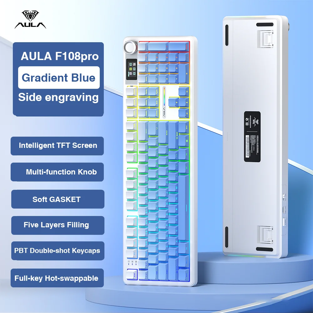 AULA F108 pro Draadloos Bluetooth-toetsenbord Macro Gaming-toetsenbord Pakking Hot-swap toetsenbord van volledige grootte met TFT Smart Display