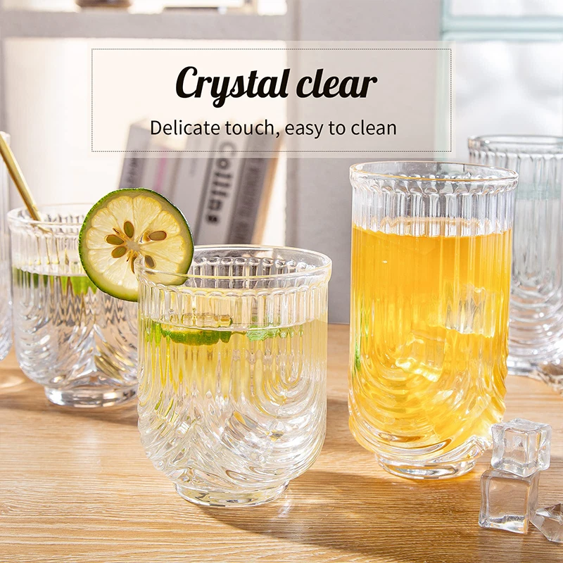 1-4PCS Ribbed Glass Juice Cup Drink Mug Vintage Glassware Highball Glasses For Water Latte Coffee Whiskey Wine Cocktail Cups