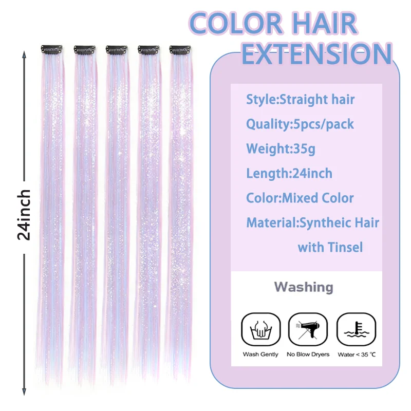 5pcs 24inch Colored Clip in Hair Extensions Long Straight Colorful Highlights Hair Pieces Synthetic Rainbow Hairpieces for women