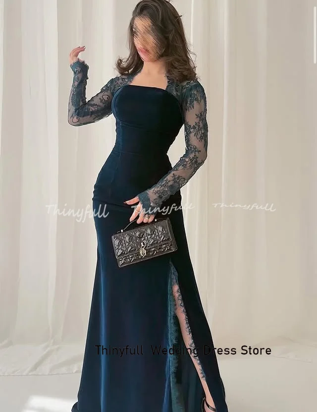 Thinyfull Mermaid Velvet/Lace Prom Dresses Full Sleeves Arab Evening Dress 2026 Long Formal Gown Robe De Soirée Customized