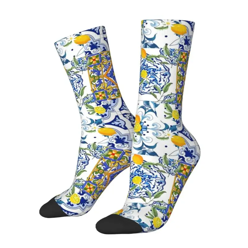 Custom Mediterranean Summer Fruit Lemons Tiles Dress Socks for Men Women Warm Funny Novelty Crew Socks