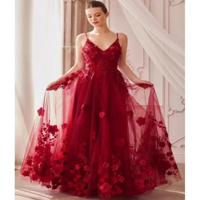Strap V-neck Bridal Wine Red Shoulder Toast Dress Sexy Student Adult Ceremony Ball Flower Puffy Skirt Dress Customized