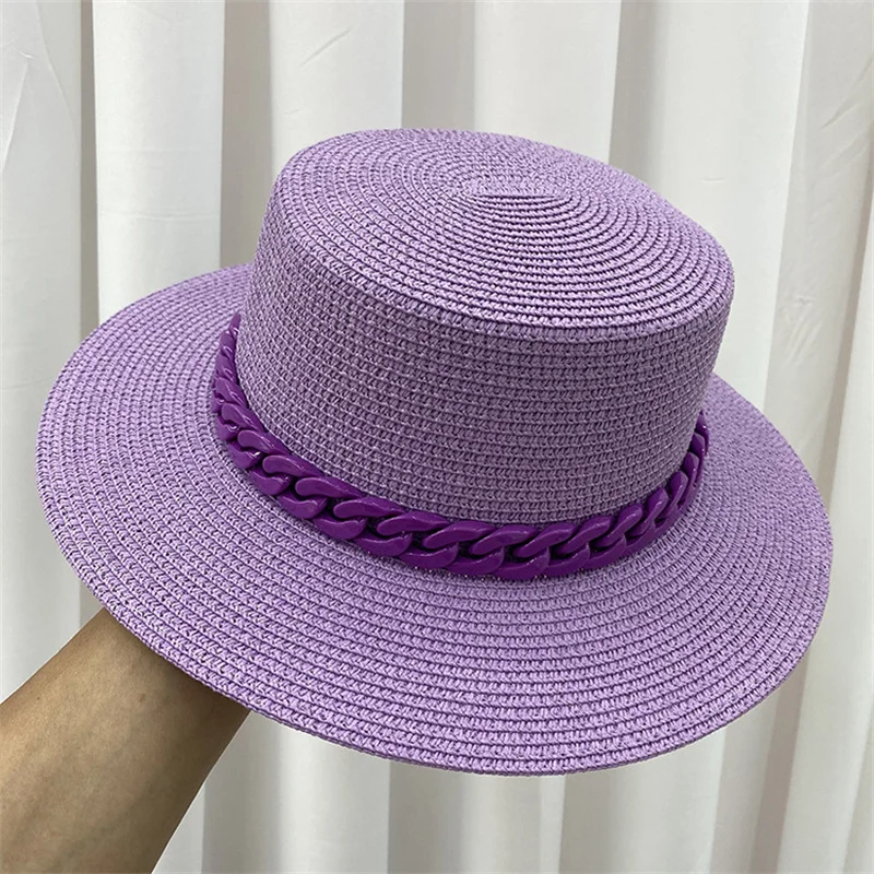 Women\'s flat top summer beach travel straw hat seaside holiday hat sun visor holiday foldable fashion cool hat